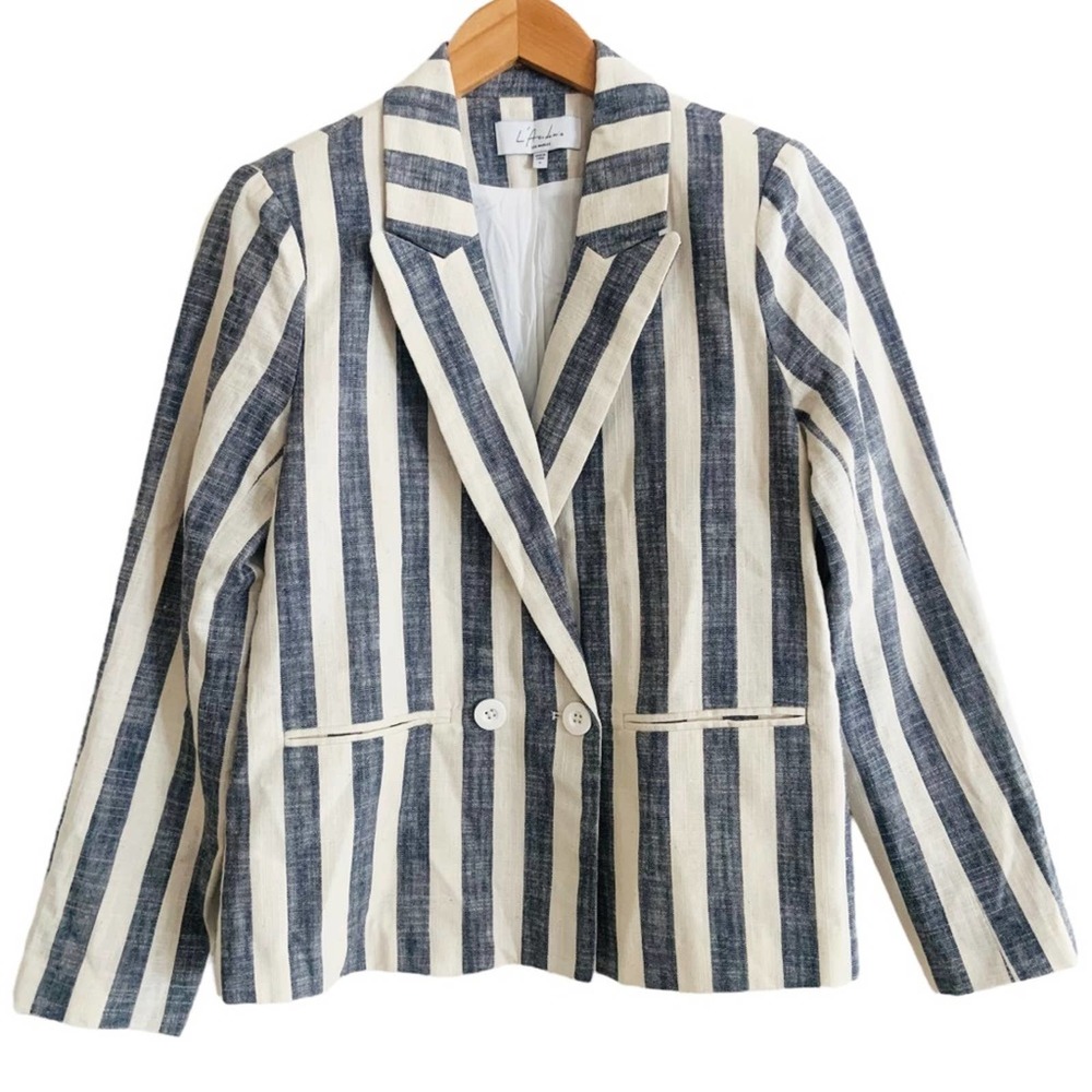 L'Academie Poppy Linen Blend Blue White Striped Blazer Size Small - Picture 2 of 10